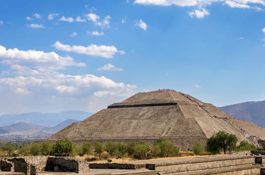 Pyramid of the Sun in Teotihuacan with clear blue sky near Mexico City