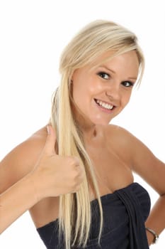 Cute young blonde lady showing thumbs up gesture