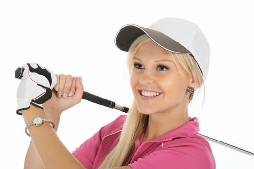 Beautiful young blonde golfer lady in pink shirt and white cap