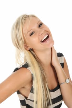Gorgeous laughing blonde woman in striped top