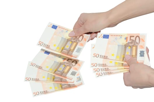 Female hands counting fifty euro banknotes isolated on white