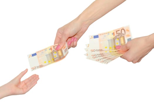 Elegant female hands giving a banknote of fifty euro in a hand of a child isolated on a white