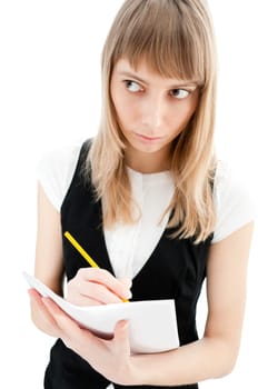 young funny business woman with white paper and pencil isolated on white background