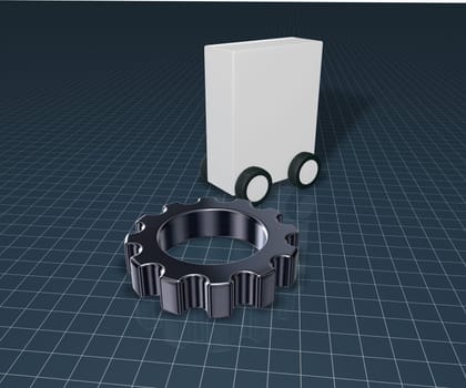 White box on wheels and gear - 3d illustration