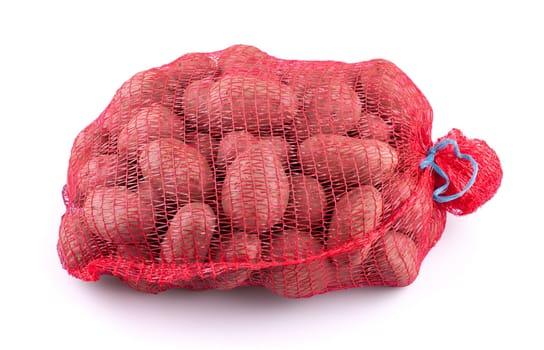 Sack of potatoes isolated on white background.