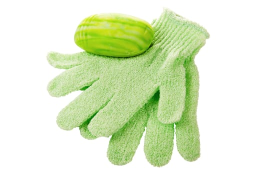 Gloves for massage and soap, is isolated on white