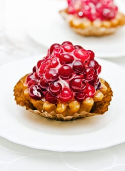 Cake with a cranberry on a white plate