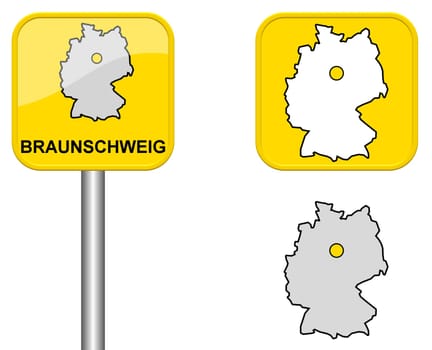 Town sign,map of Germany and button of Braunschweig