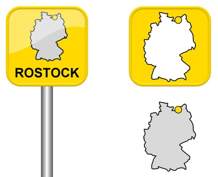 Town sign,map of Germany and button of Rostock