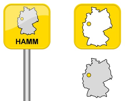 Town sign,map of Germany and button of Hamm