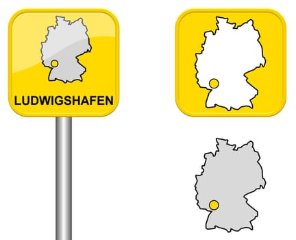 Town sign,map of Germany and button of Ludwigshafen