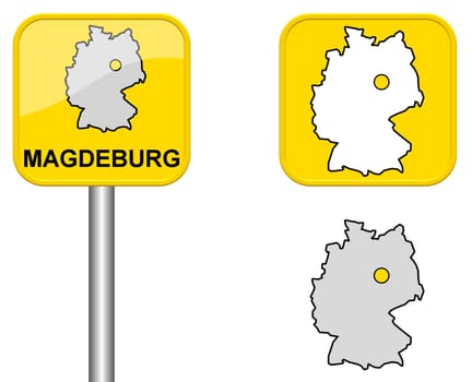 Town sign,map of Germany and button of Magdeburg