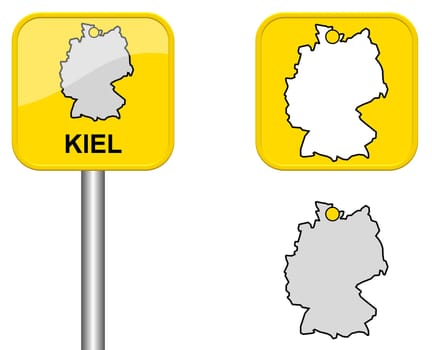 Town sign,map of Germany and button of Kiel