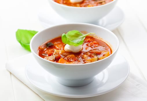 Delicious minestrone soup with mozzarella and basil
