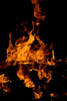 Close view of a wood fire at night.