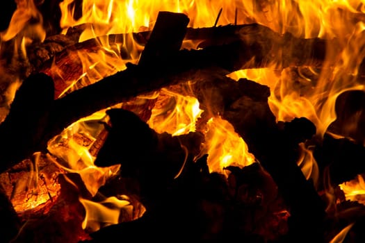 Close view of a wood fire at night.