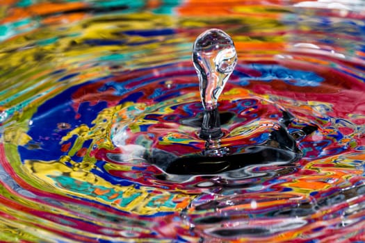 Close view of a droplet of water hitting a surface of water.
