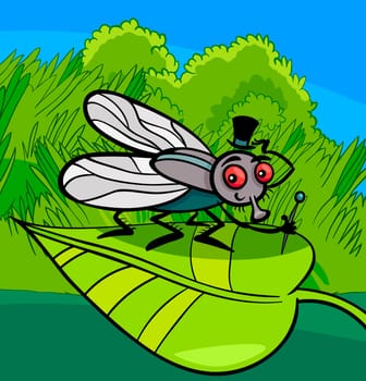 Cartoon Illustration of Funny Fly or Housefly with Hat and Cane