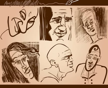 Cartoon Illustration of People Faces Caricature Drawings Set