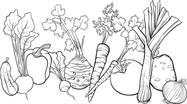 Black and White Cartoon Illustration of Vegetables Food Object Big Group for Coloring Book