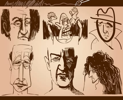 Cartoon Illustration of People Faces Caricature Drawings Set