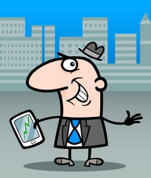Cartoon Illustration of Happy Man or Businessman with Stock Market Chart on his Tablet Pc