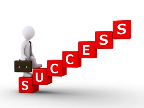 3d businessman is climbing stairs made of cubes lettering success word