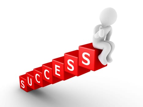 3d person is sitting on the last of cubes forming the word "SUCCESS"""