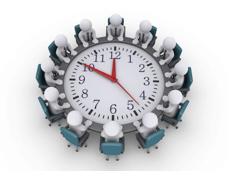 3d businessmen sitting around a clock used as table