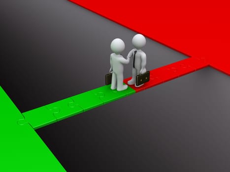 Two 3d businessmen shake hands on a puzzle bridge over gap