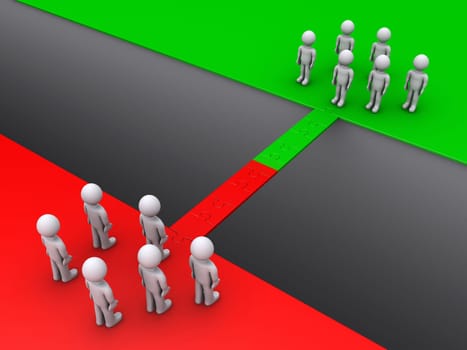 Two teams are standing on opposite sides and a bridge connects them