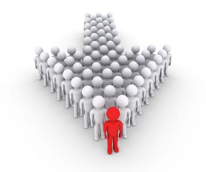 Many 3d people form an arrow with the leader in front