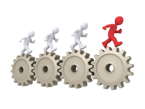3d people running on cogwheels and one is the leader