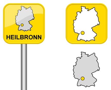 Town sign,map of Germany and button of Heilbronn