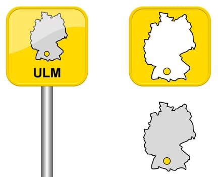 Town sign,map of Germany and button of Ulm