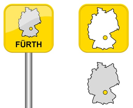 Town sign,map of Germany and button of Fürth