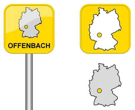 Town sign,map of Germany and button of Offenbach