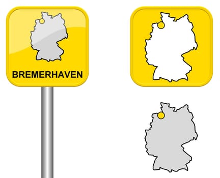 Town sign,map of Germany and button of Bremerhaven