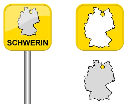 Town sign,map of Germany and button of Schwerin