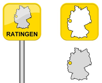 Town sign,map of Germany and button of Ratingen