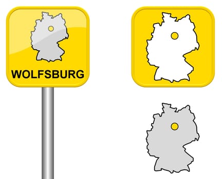 Town sign,map of Germany and button of Wolfsburg