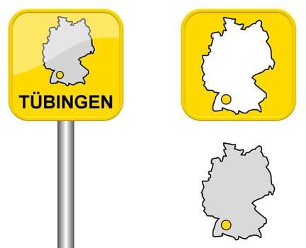 Town sign,map of Germany and button of Tübingen
