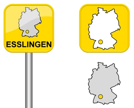 Town sign,map of Germany and button of Esslingen