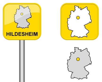 Town sign,map of Germany and button of Hildesheim