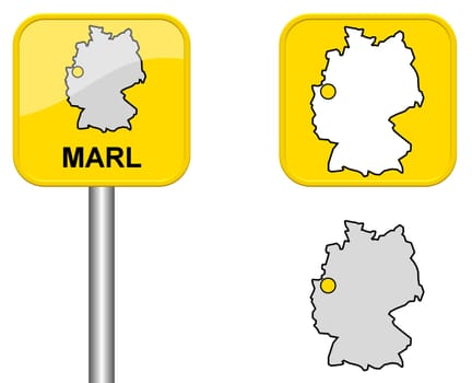 Town sign,map of Germany and button of Marl