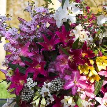 Close up flower arrangement with lilies and springflowers in morning sun