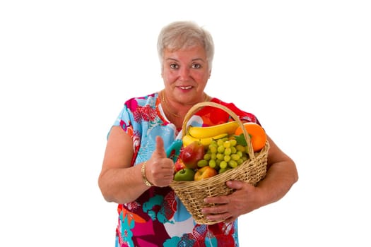 Senior citizen with fresh fruit - cropped on white background