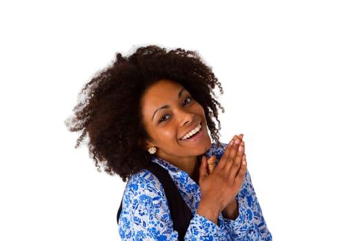 Laughing Afro-American woman exposed on white background