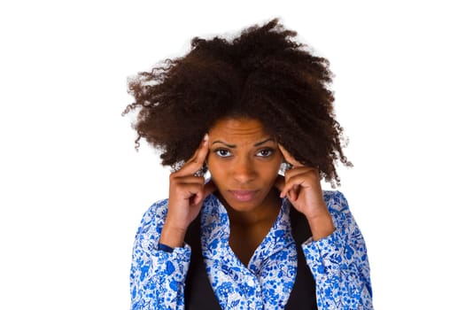 Young African-American woman holds hands to her temples - exposed on a white background