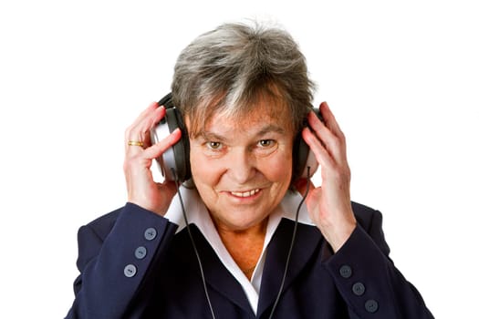 Senior citizen with headphones - cropped on white background